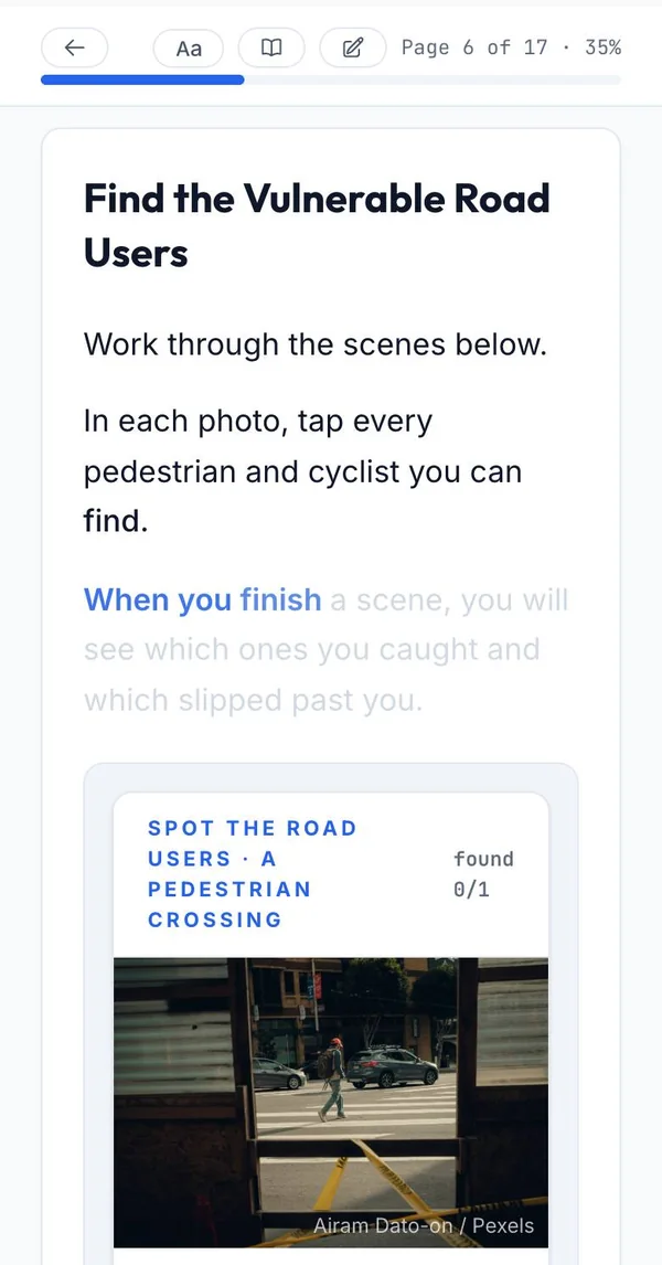 A CourseCruise lesson on a phone, asking the student to tap every pedestrian and cyclist in a street photo, with the narration text filling in.